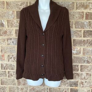 Ralph Lauren Brown Cable Knit Cardigan Sweater Size Large Collar  Cotton